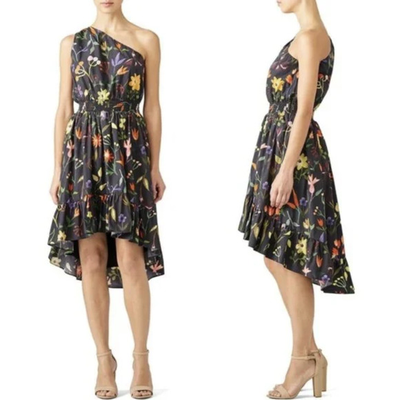 Slate & Willow Dresses & Skirts - Slate & Willow Black Colorful Floral Print One Shoulder Cotton Midi Dress Size 2
